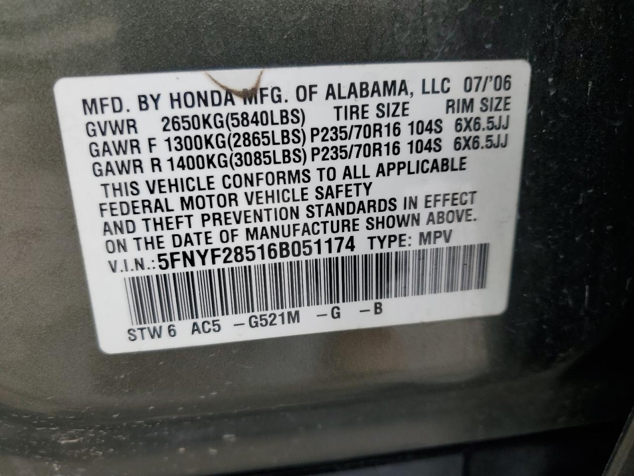 5FNYF28516B051174 2006 Honda Pilot Ex