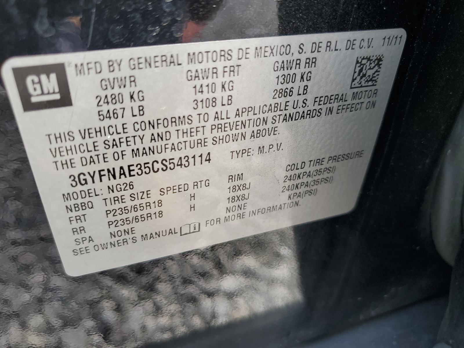 3GYFNAE35CS543114 2012 Cadillac Srx Luxury Collection