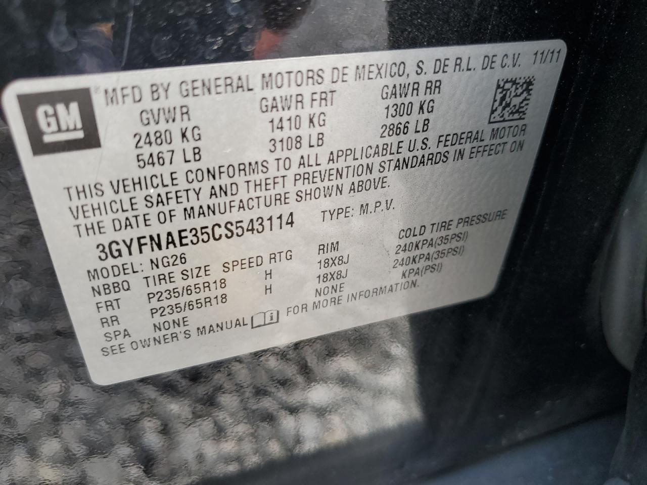 2012 Cadillac Srx Luxury Collection VIN: 3GYFNAE35CS543114 Lot: 65738734