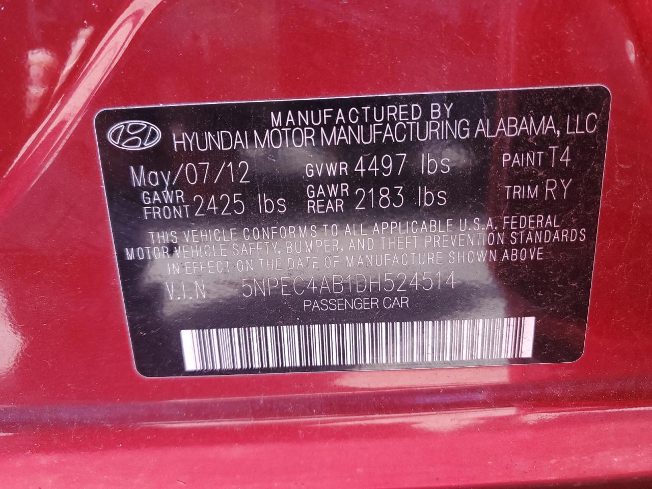 2013 Hyundai Sonata Se VIN: 5NPEC4AB1DH524514 Lot: 68106654