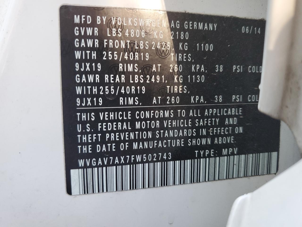 WVGAV7AX7FW502743 2015 Volkswagen Tiguan S