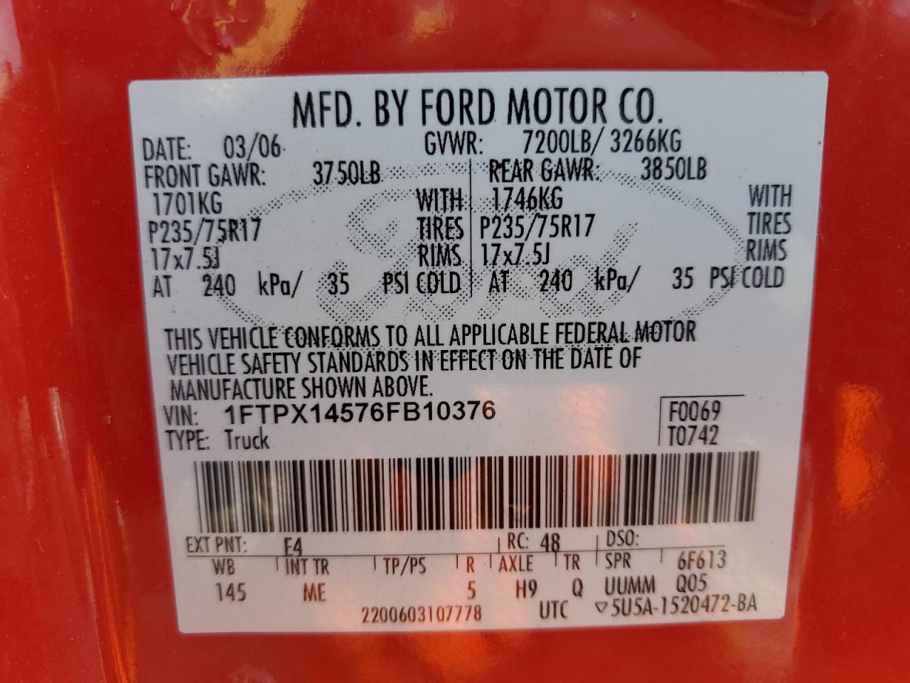 2006 Ford F150 VIN: 1FTPX14576FB10376 Lot: 66725054