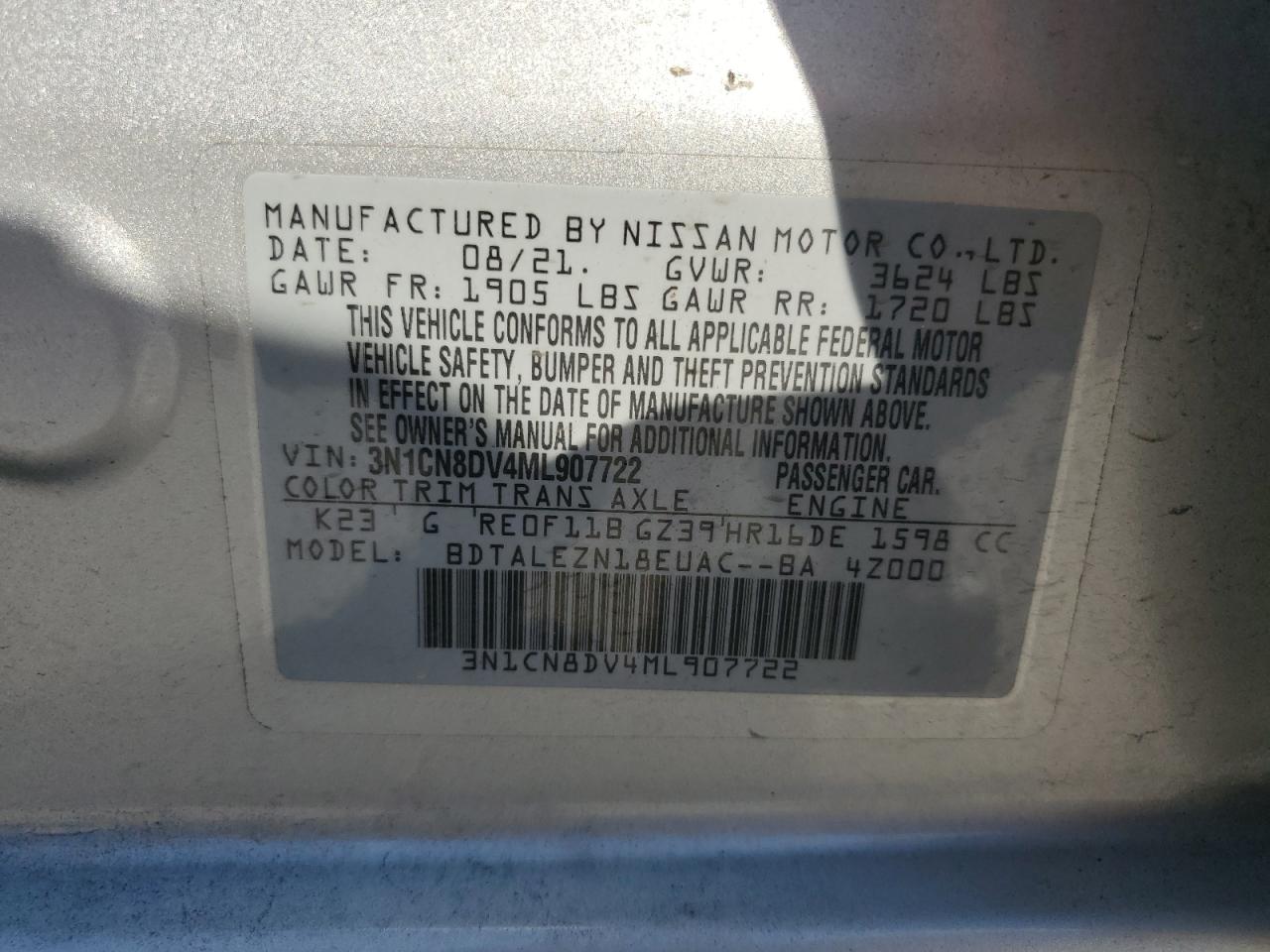 3N1CN8DV4ML907722 2021 Nissan Versa S