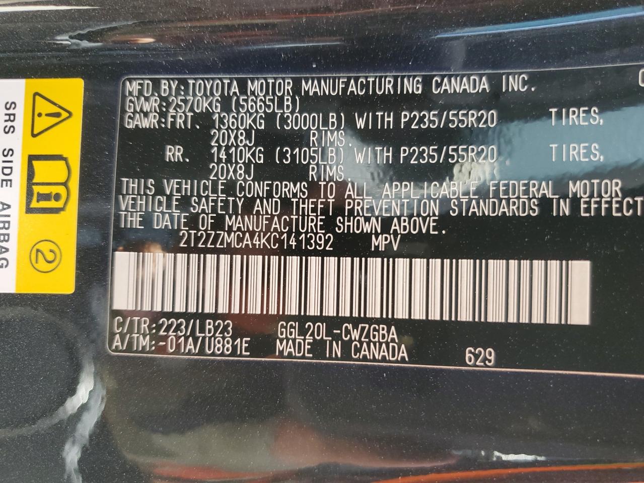 2019 Lexus Rx 350 Base VIN: 2T2ZZMCA4KC141392 Lot: 66601264