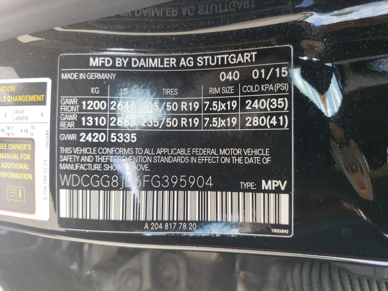 2015 Mercedes-Benz Glk 350 4Matic VIN: WDCGG8JB6FG395904 Lot: 67246424