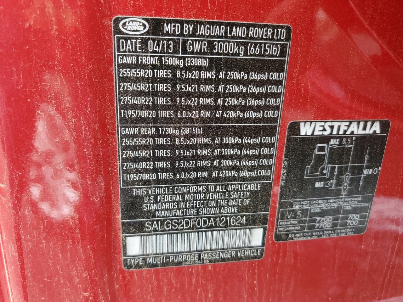 2013 Land Rover Range Rover Hse VIN: SALGS2DF0DA121624 Lot: 66592414