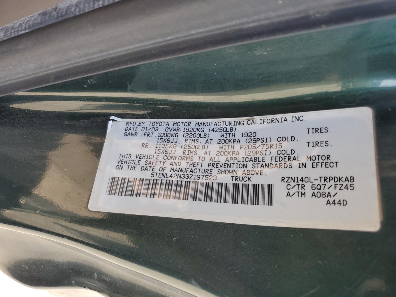 2003 Toyota Tacoma VIN: 5TENL42N33Z197523 Lot: 65785614