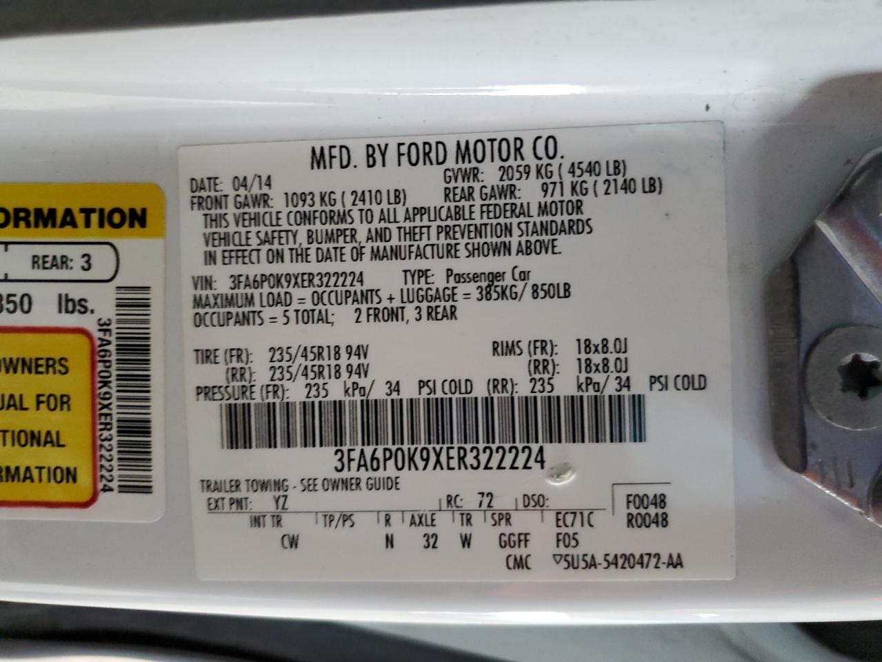 3FA6P0K9XER322224 2014 Ford Fusion Titanium