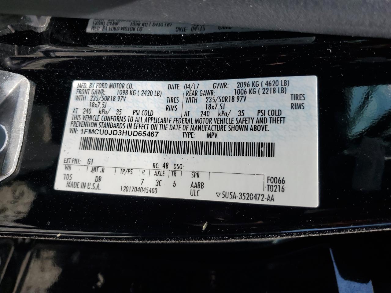 2017 Ford Escape Titanium VIN: 1FMCU0JD3HUD65467 Lot: 65717804