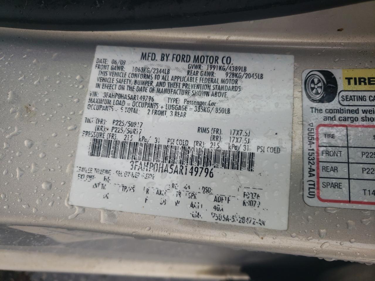 2010 Ford Fusion Se VIN: 3FAHP0HA5AR149796 Lot: 64501824