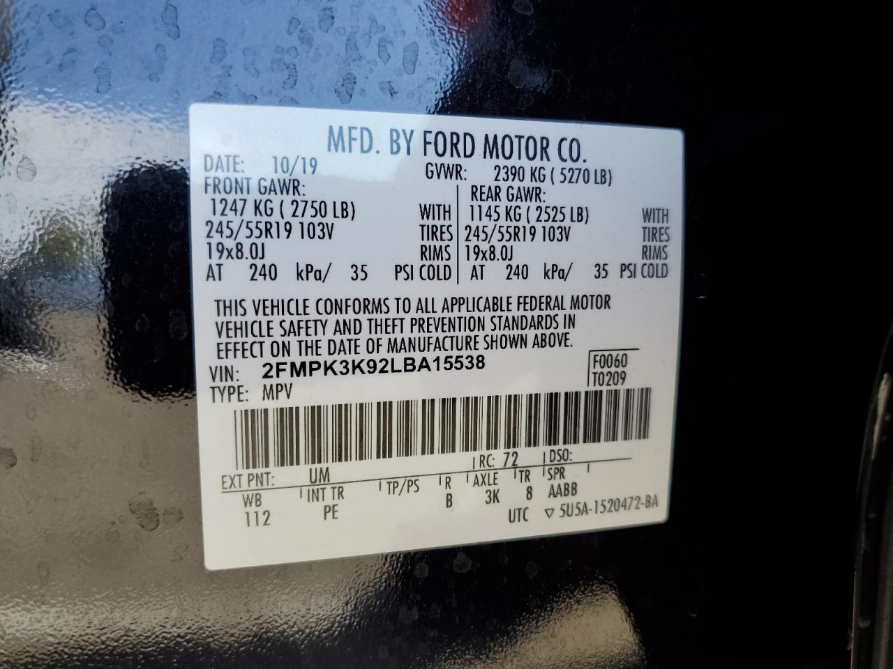 2020 Ford Edge Titanium VIN: 2FMPK3K92LBA15538 Lot: 65490454