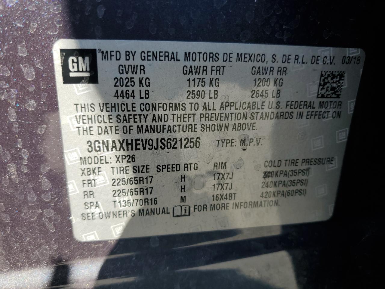 3GNAXHEV9JS621256 2018 Chevrolet Equinox Ls