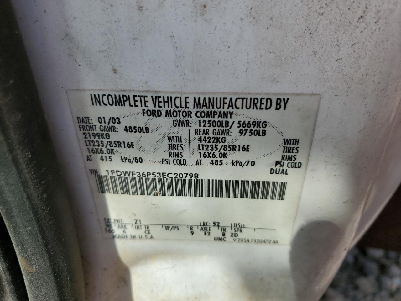 2003 Ford F350 Super Duty VIN: 1FDWF36P53EC20798 Lot: 65918954