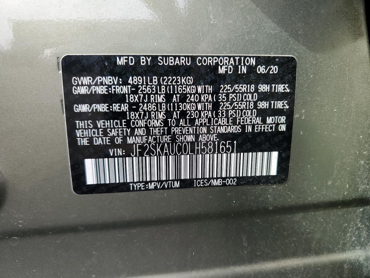 2020 Subaru Forester Limited VIN: JF2SKAUC0LH581651 Lot: 66187054