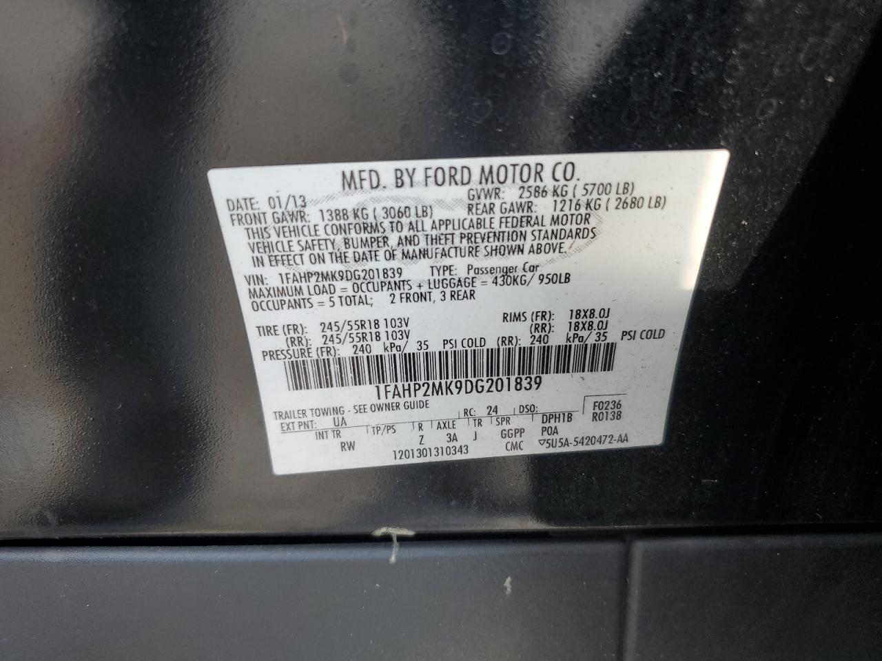 2013 Ford Taurus Police Interceptor VIN: 1FAHP2MK9DG201839 Lot: 67470264