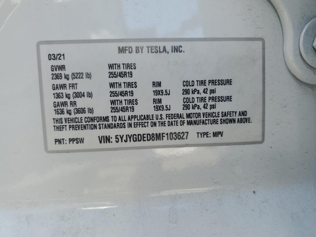 2021 Tesla Model Y VIN: 5YJYGDED8MF103627 Lot: 66105744