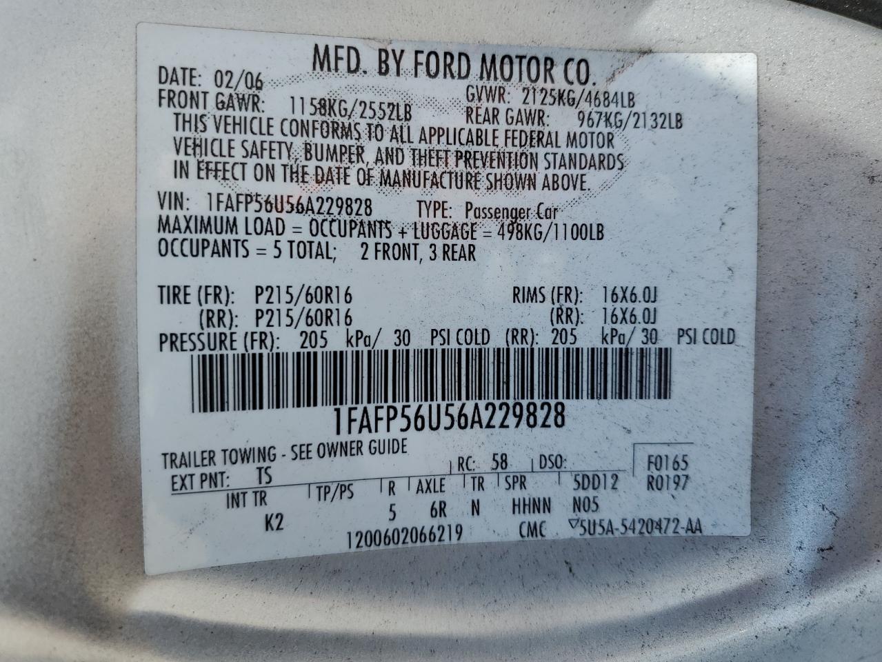 2006 Ford Taurus Sel VIN: 1FAFP56U56A229828 Lot: 68145594