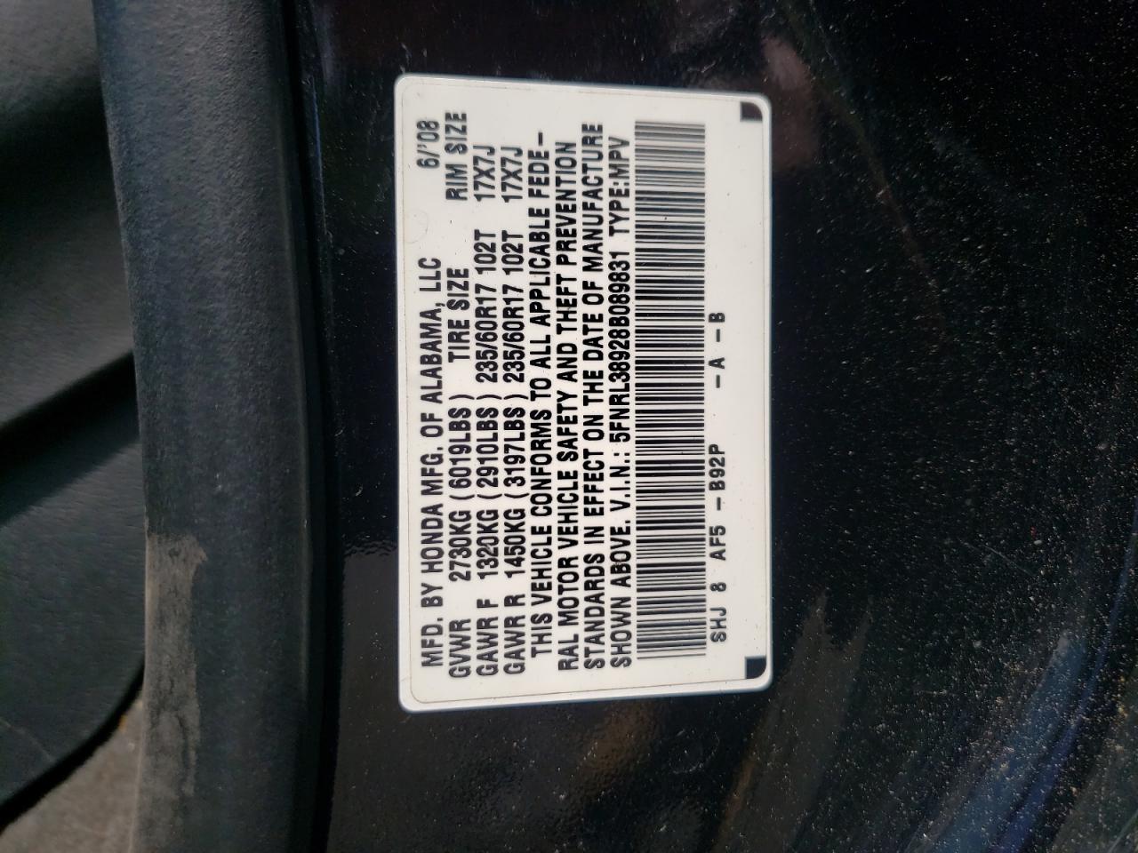 5FNRL38928B089831 2008 Honda Odyssey Touring