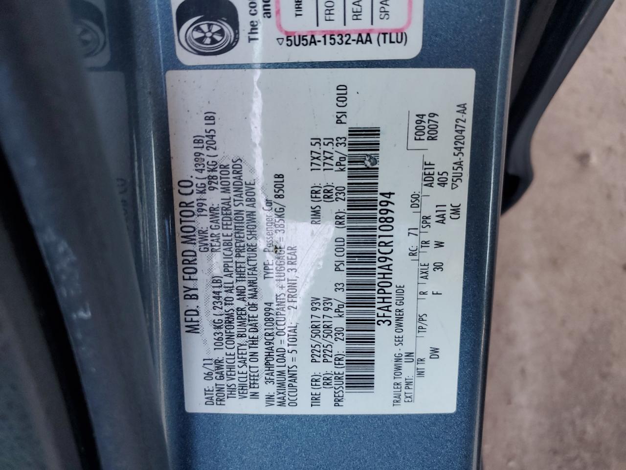 2012 Ford Fusion Se VIN: 3FAHP0HA9CR108994 Lot: 65990694