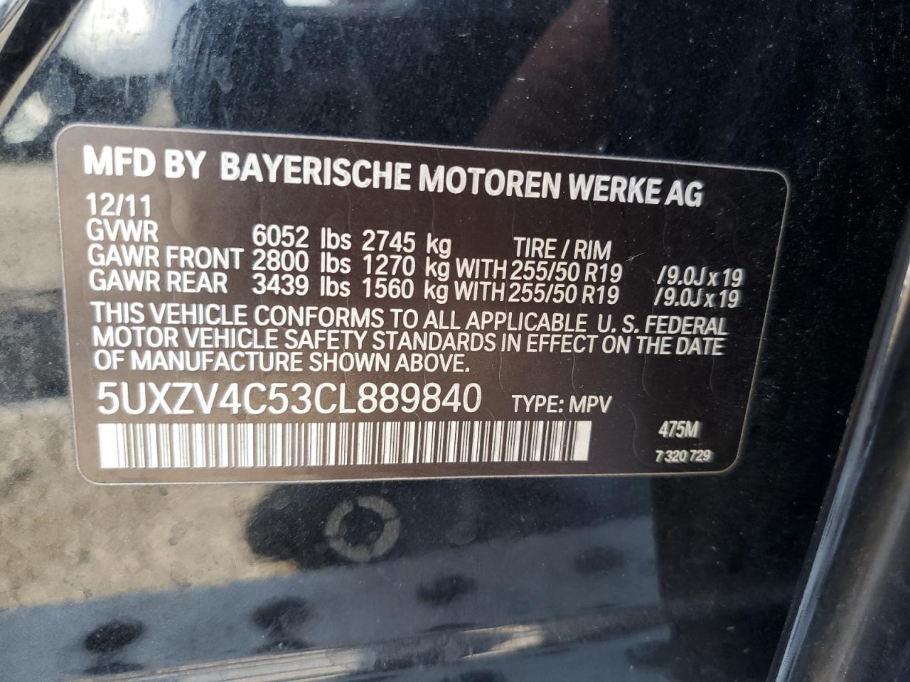 2012 BMW X5 xDrive35I VIN: 5UXZV4C53CL889840 Lot: 68947594