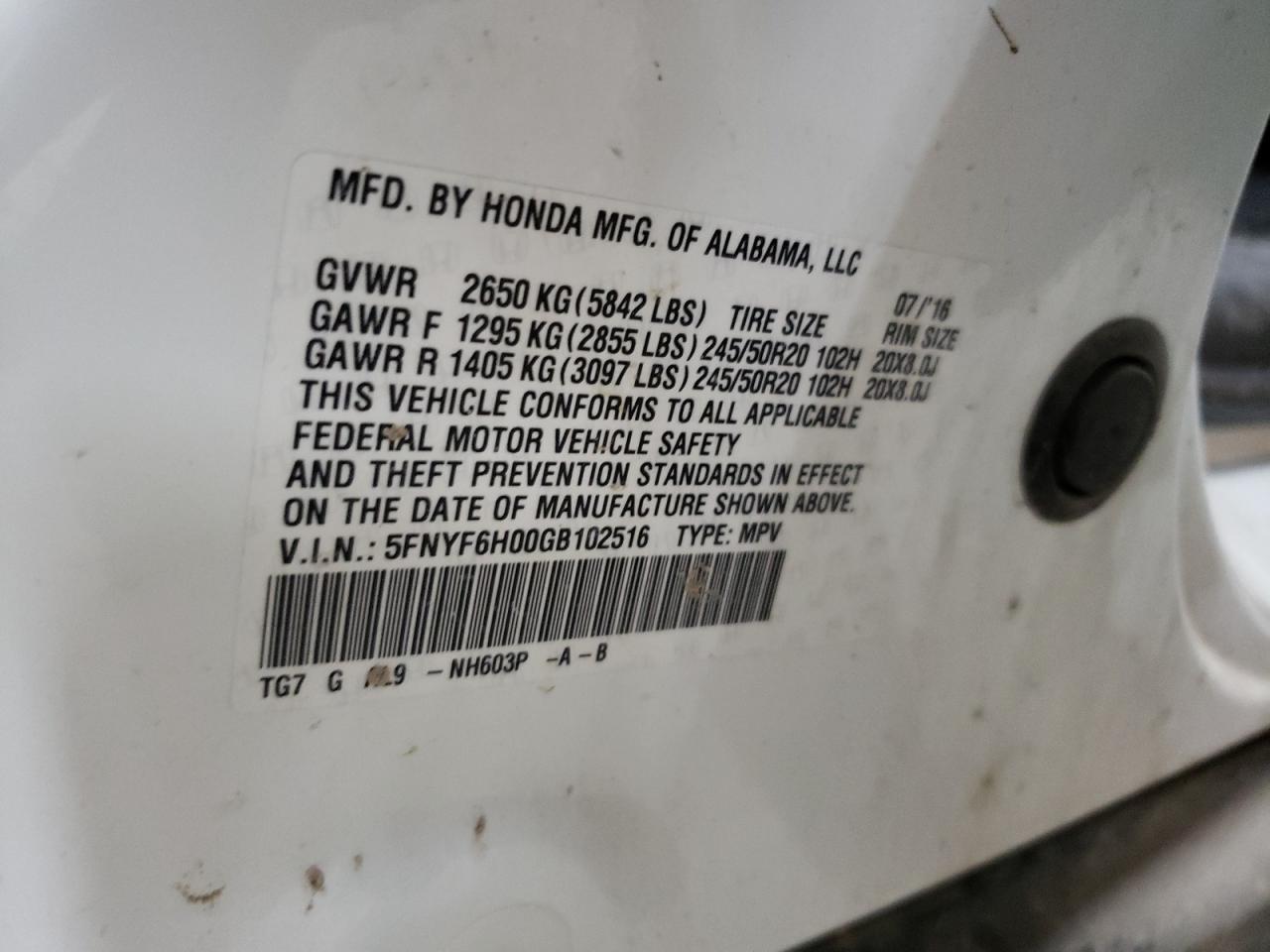 2016 Honda Pilot Elite VIN: 5FNYF6H00GB102516 Lot: 68466854