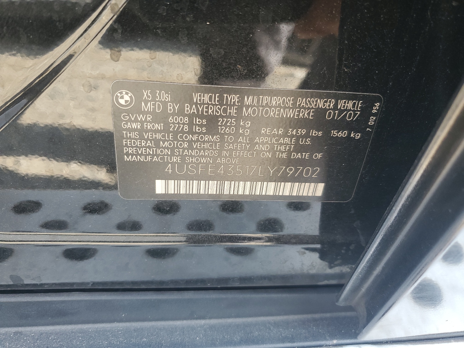 4USFE43517LY79702 2007 BMW X5 3.0I