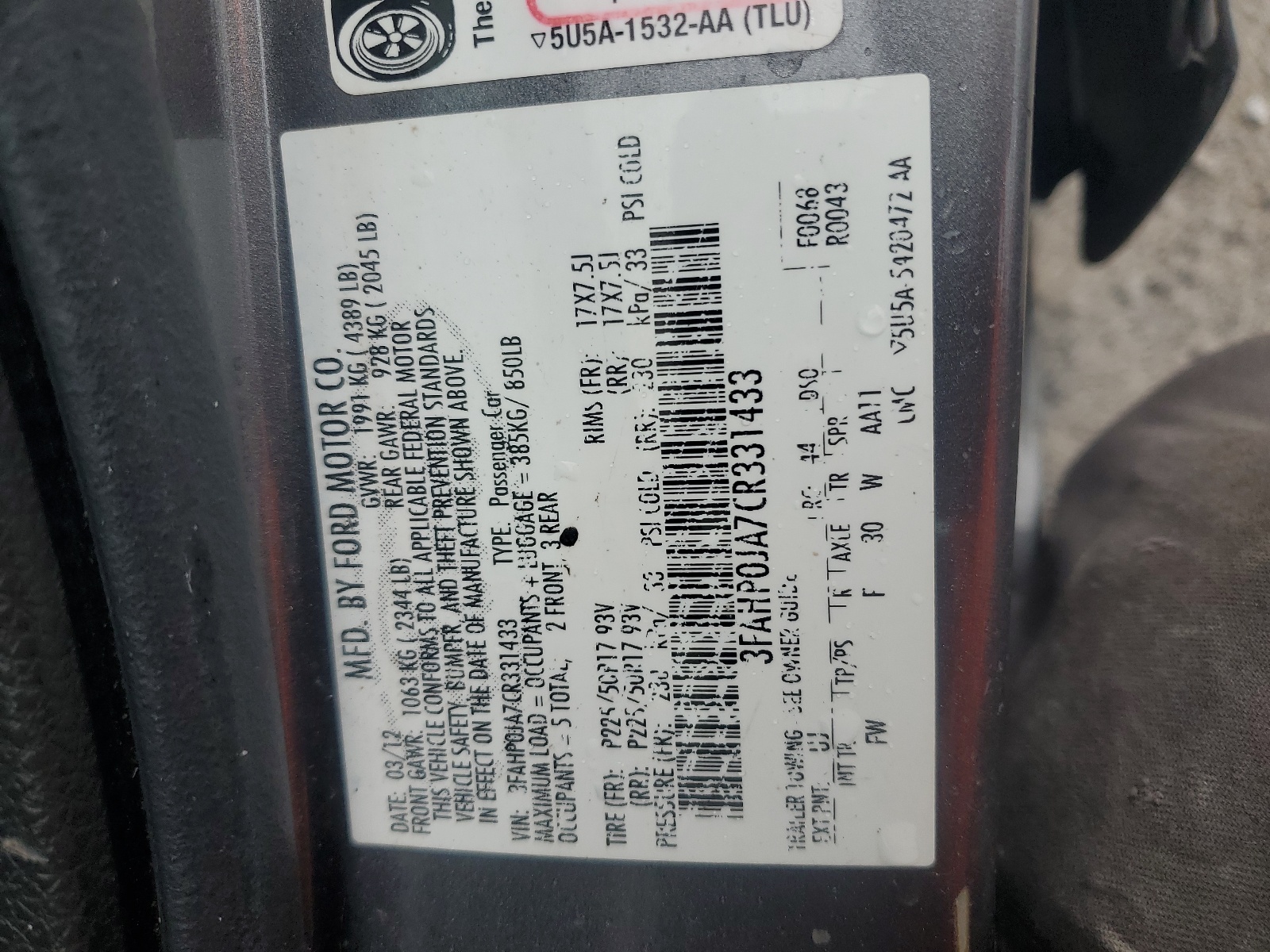 3FAHP0JA7CR331433 2012 Ford Fusion Sel