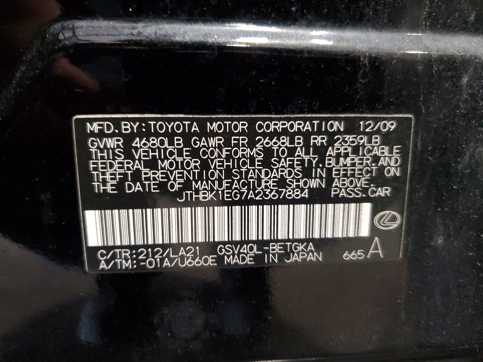 JTHBK1EG7A2367884 2010 Lexus Es 350