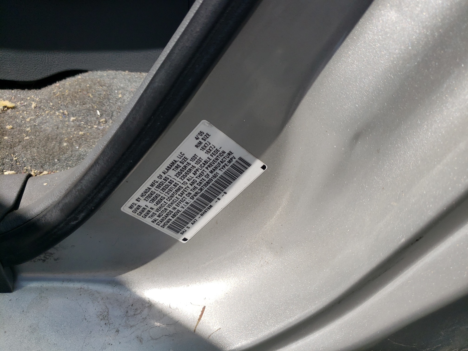 5FNRL38735B091601 2005 Honda Odyssey Exl