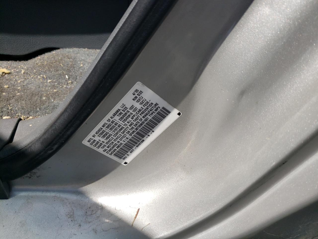 2005 Honda Odyssey Exl VIN: 5FNRL38735B091601 Lot: 67214604