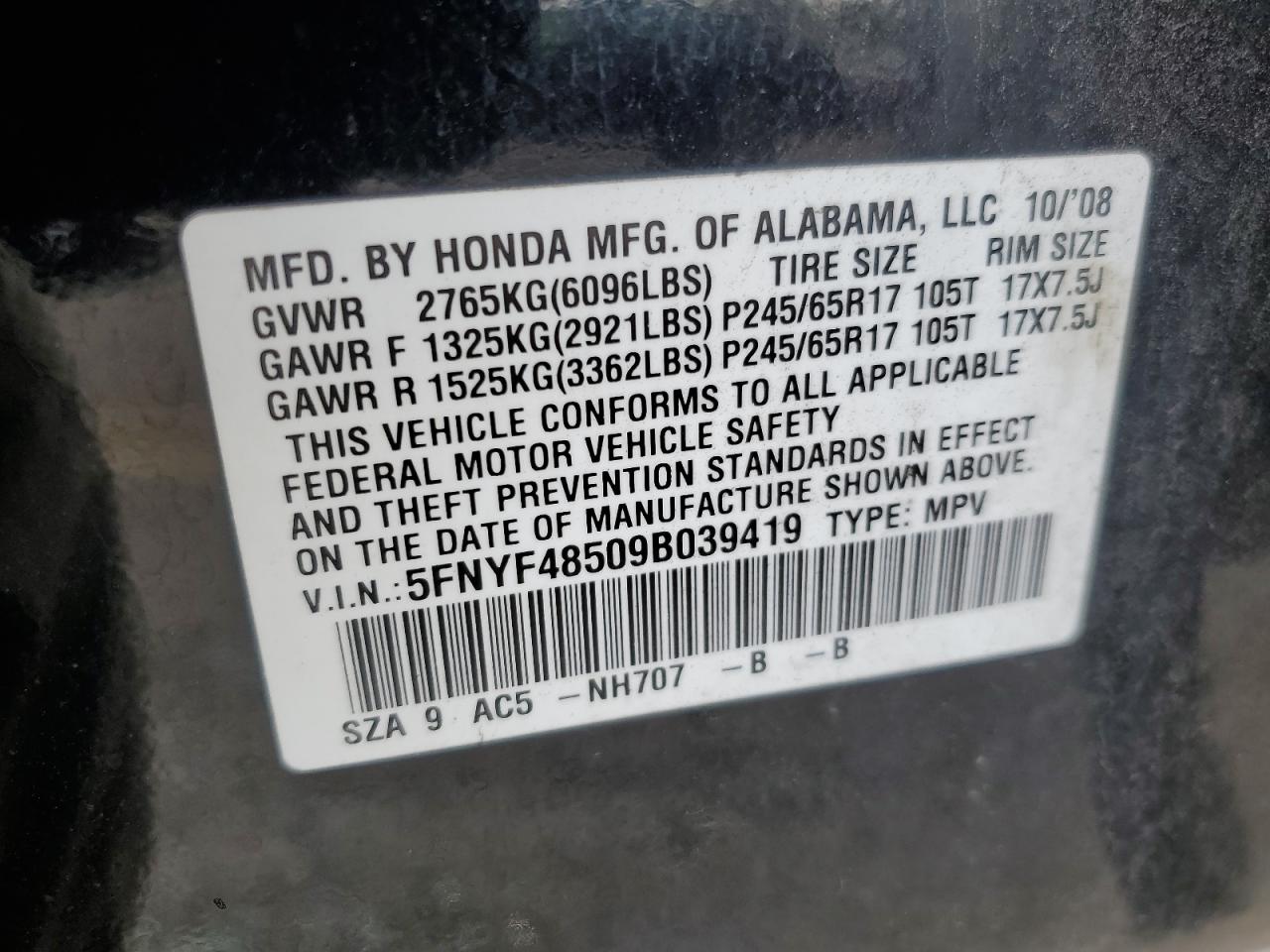 5FNYF48509B039419 2009 Honda Pilot Exl