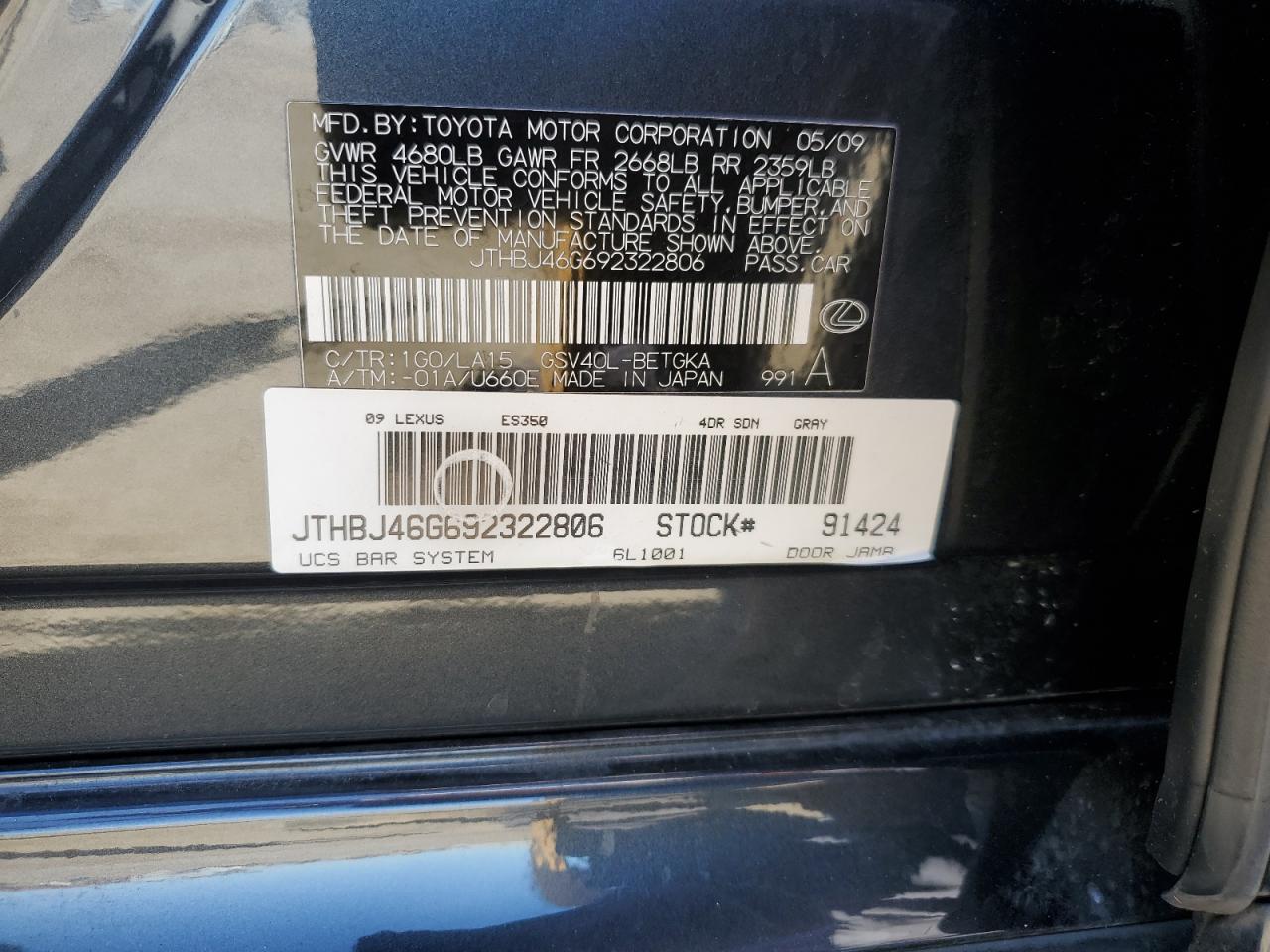 2009 Lexus Es 350 VIN: JTHBJ46G692322806 Lot: 66972944