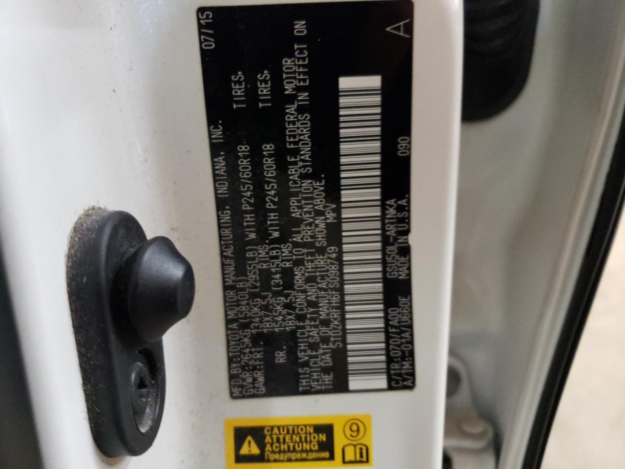 2015 Toyota Highlander Le VIN: 5TDZKRFH6FS098749 Lot: 67764804