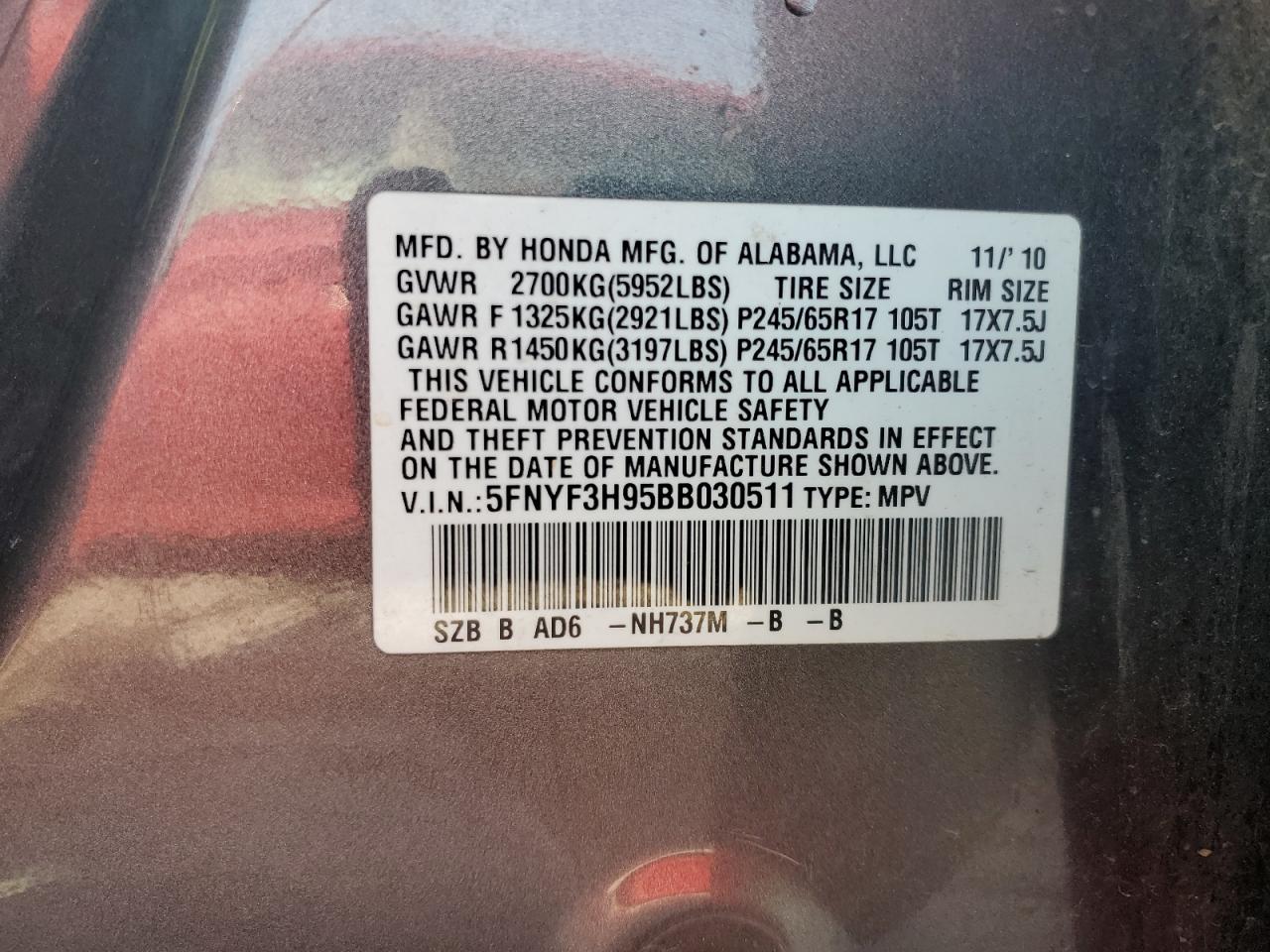 2011 Honda Pilot Touring VIN: 5FNYF3H95BB030511 Lot: 65791374