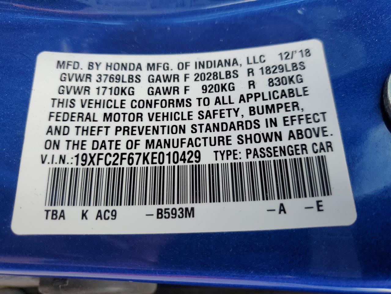 2019 Honda Civic Lx VIN: 19XFC2F67KE010429 Lot: 66675944