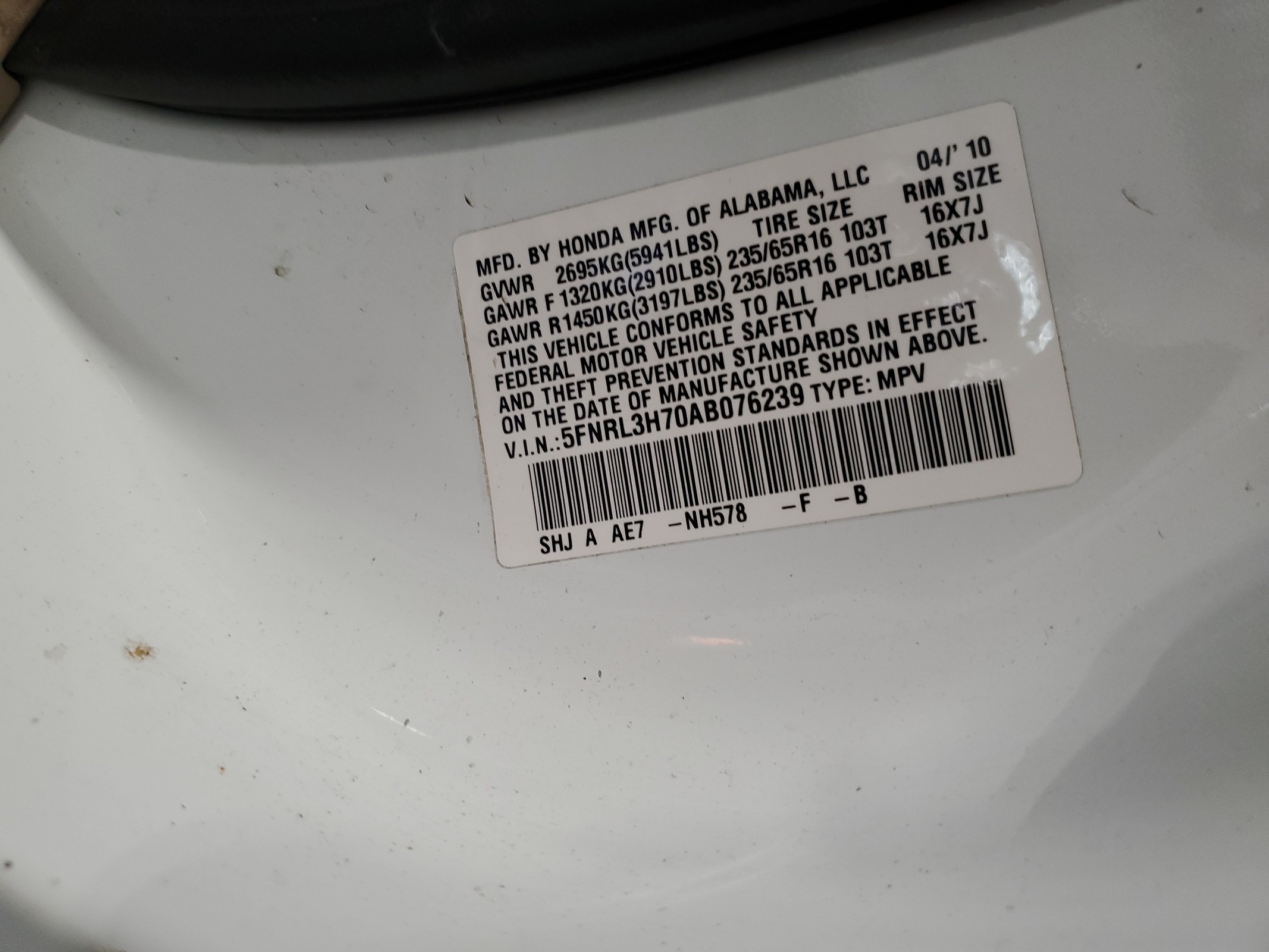 5FNRL3H70AB076239 2010 Honda Odyssey Exl