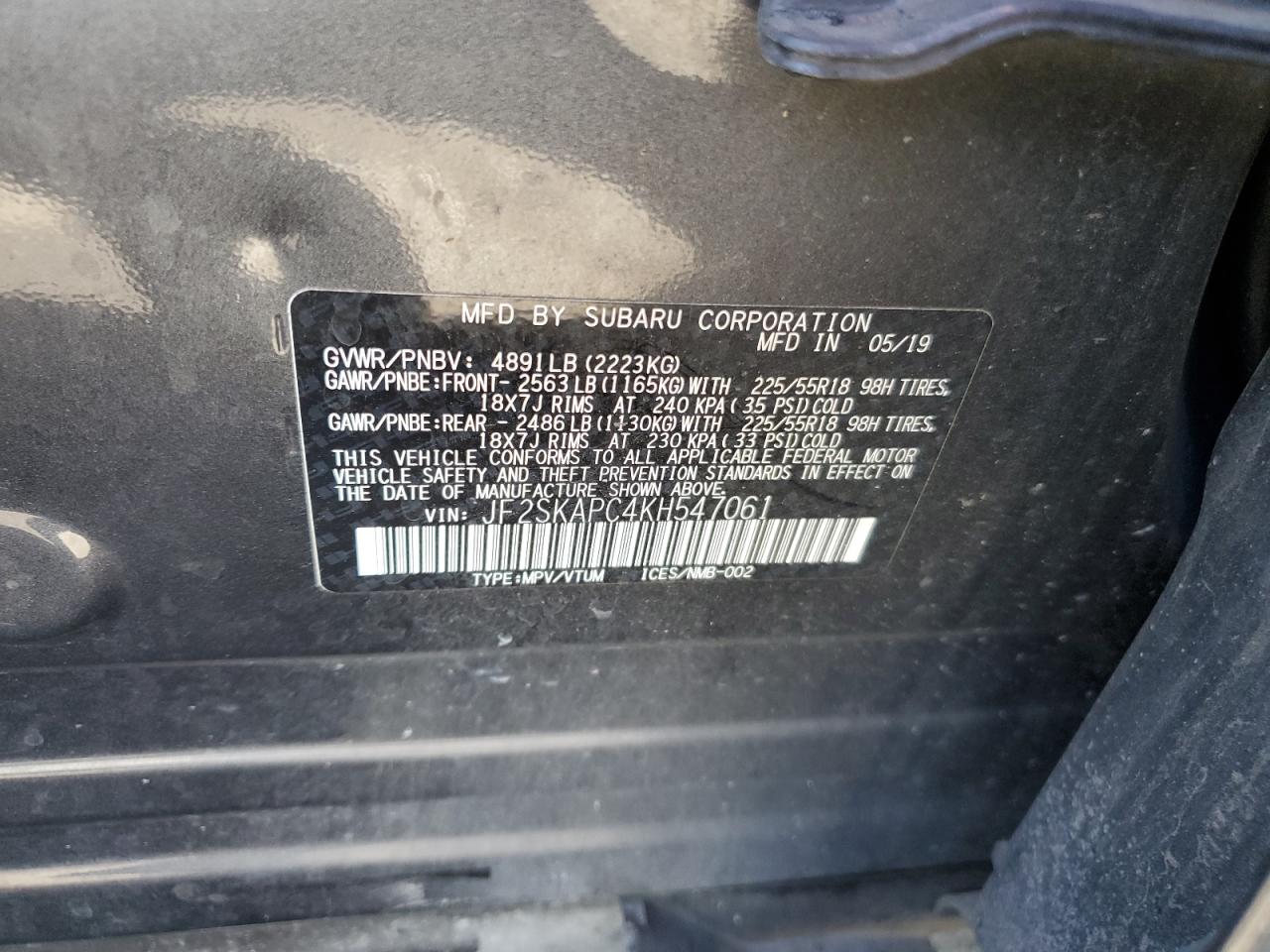 2019 Subaru Forester Sport VIN: JF2SKAPC4KH547061 Lot: 65813154