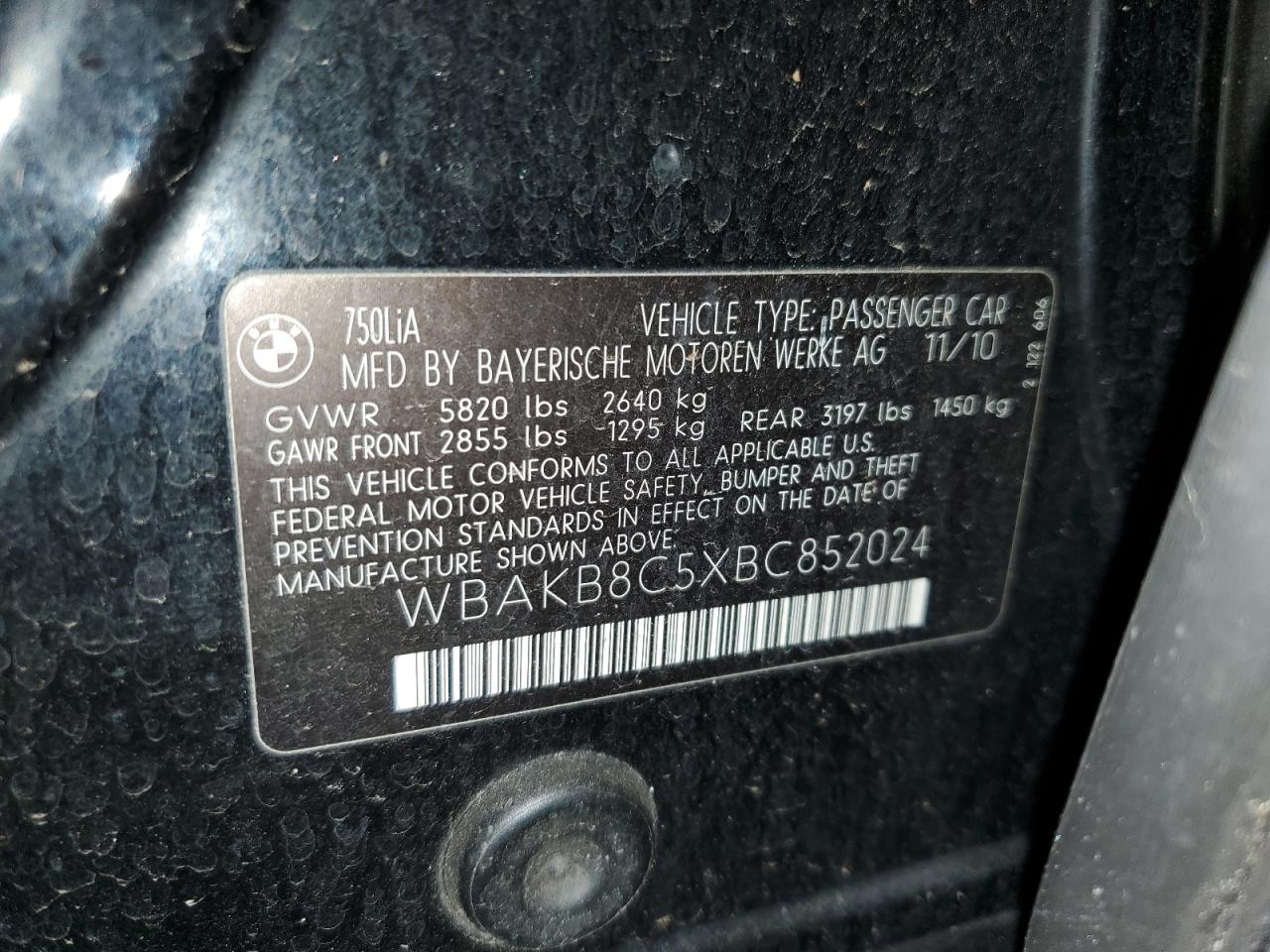 2011 BMW 750 Li VIN: WBAKB8C5XBC852024 Lot: 65411284