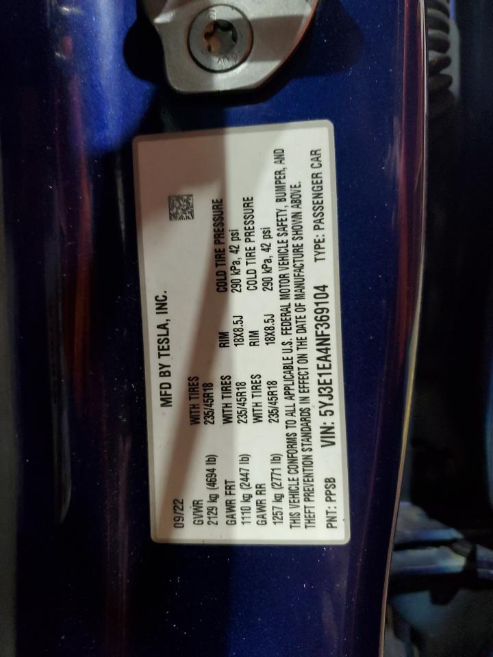 2022 Tesla Model 3 VIN: 5YJ3E1EA4NF369104 Lot: 66924294