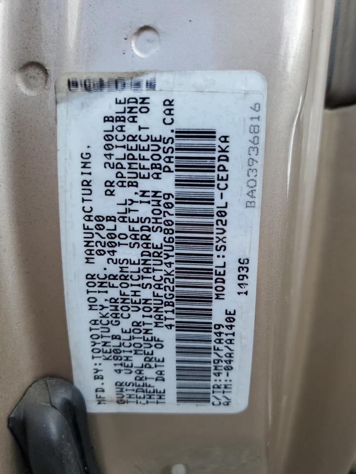 2000 Toyota Camry Ce VIN: 4T1BG22K4YU680709 Lot: 67571574