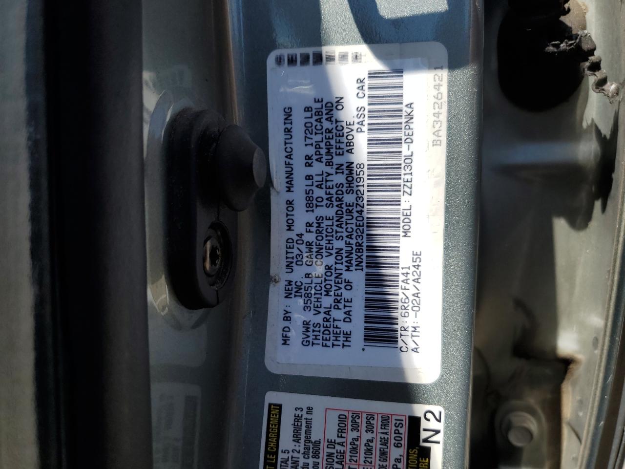 2004 Toyota Corolla Ce VIN: 1NXBR32E04Z321958 Lot: 69285154