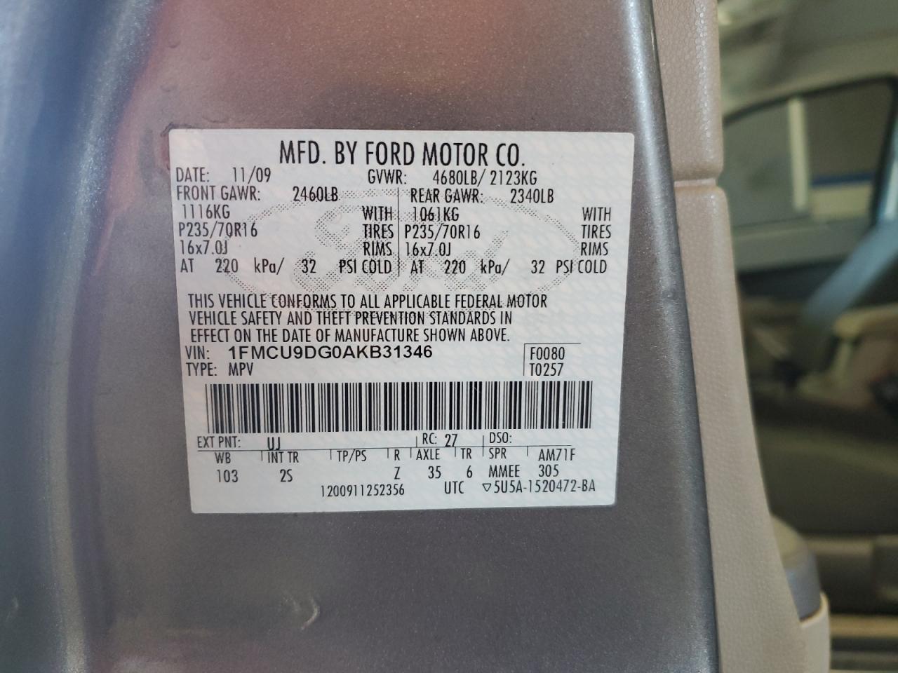 2010 Ford Escape Xlt VIN: 1FMCU9DG0AKB31346 Lot: 67342694