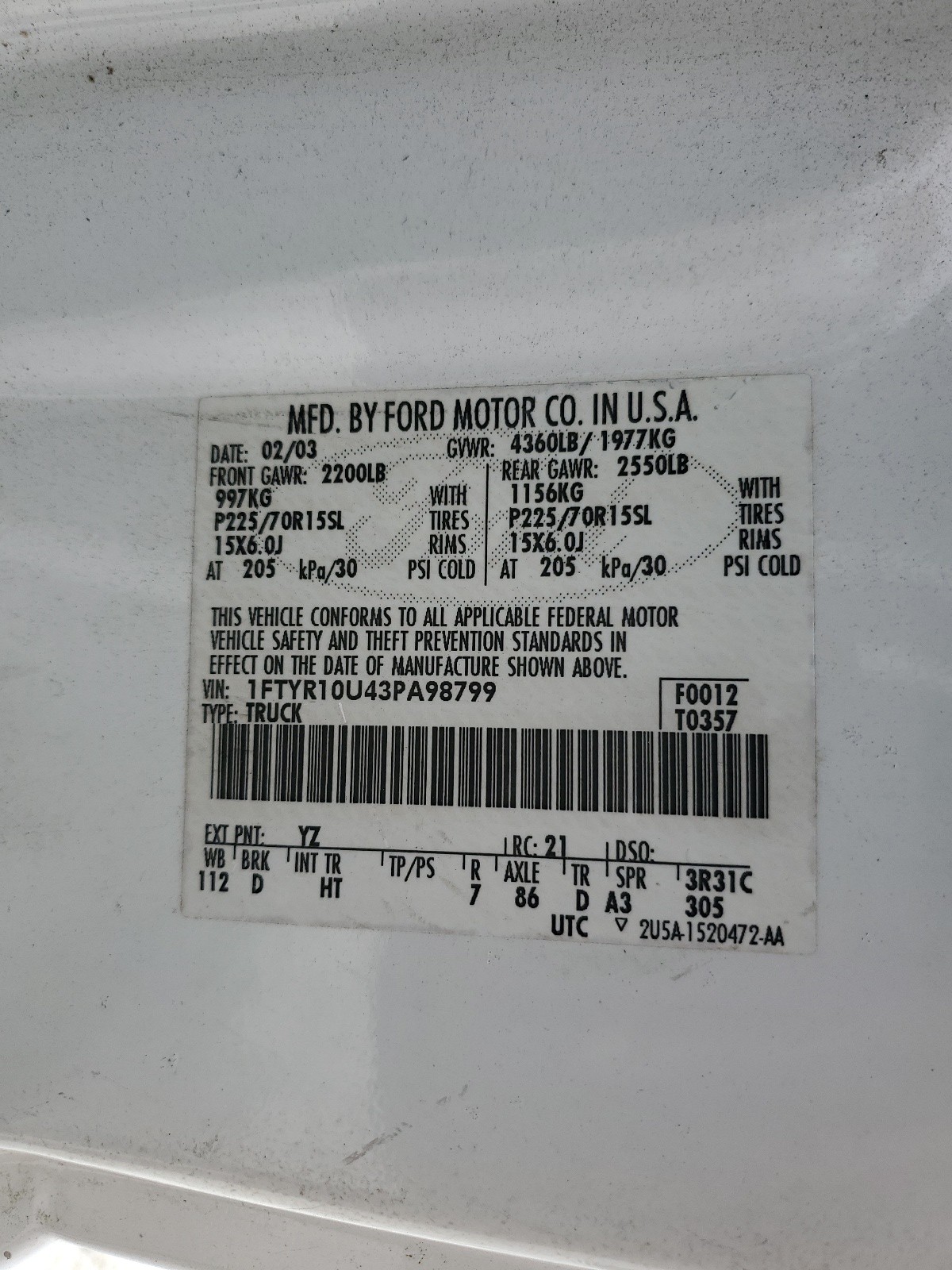 1FTYR10U43PA98799 2003 Ford Ranger