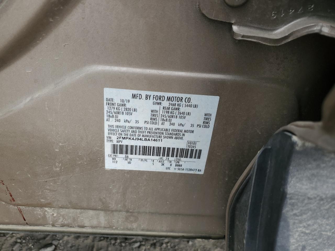 2020 Ford Edge Sel VIN: 2FMPK4J94LBA14611 Lot: 68658764