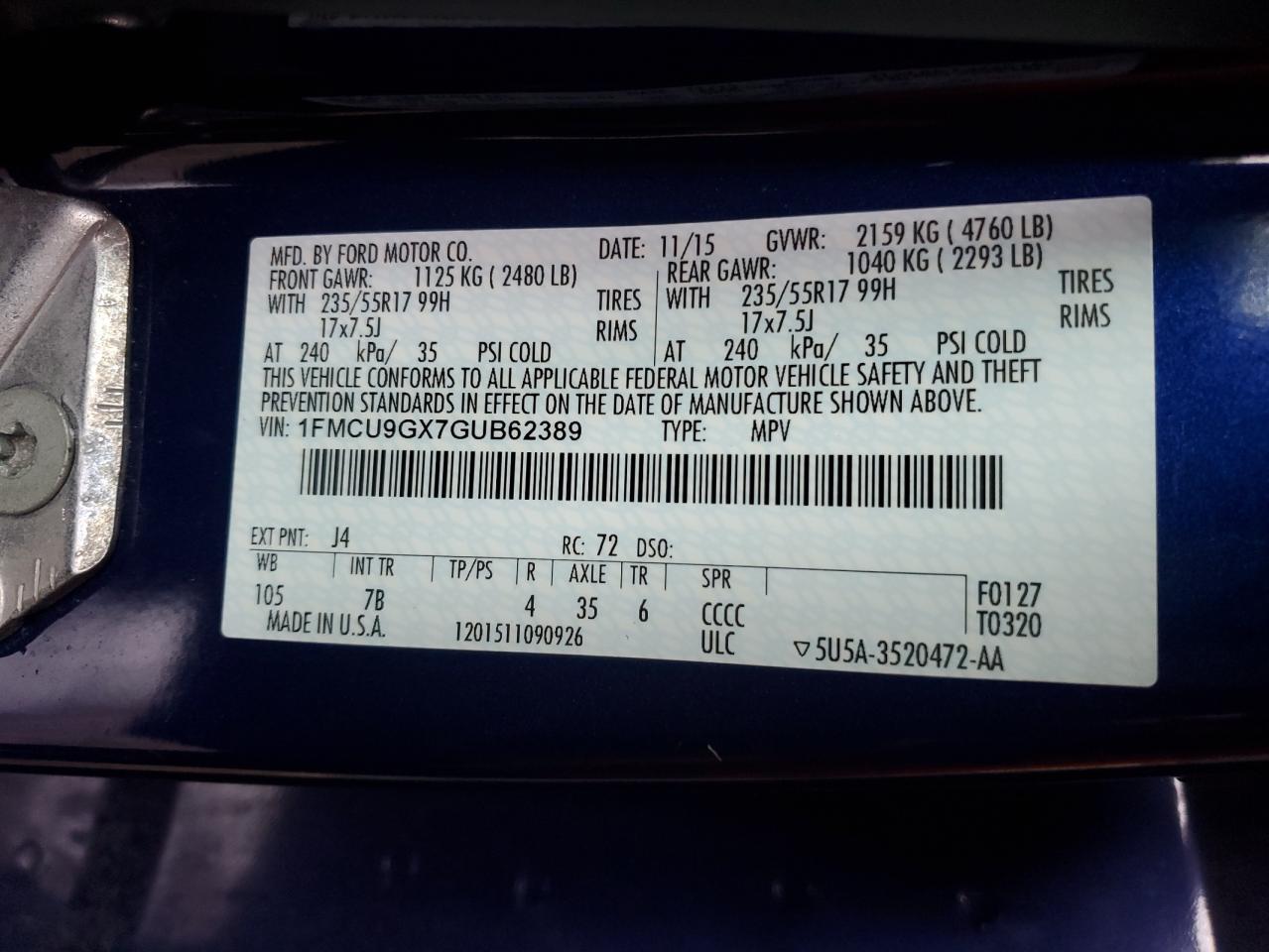 2016 Ford Escape Se VIN: 1FMCU9GX7GUB62389 Lot: 66717944