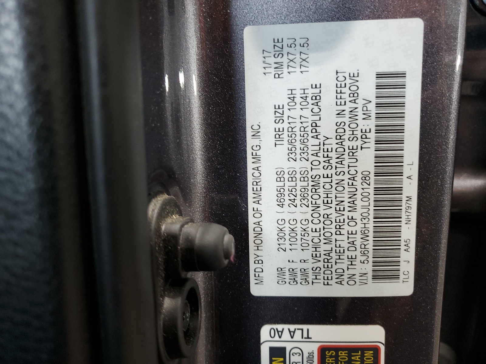 5J6RW6H30JL001280 2018 Honda Cr-V Lx