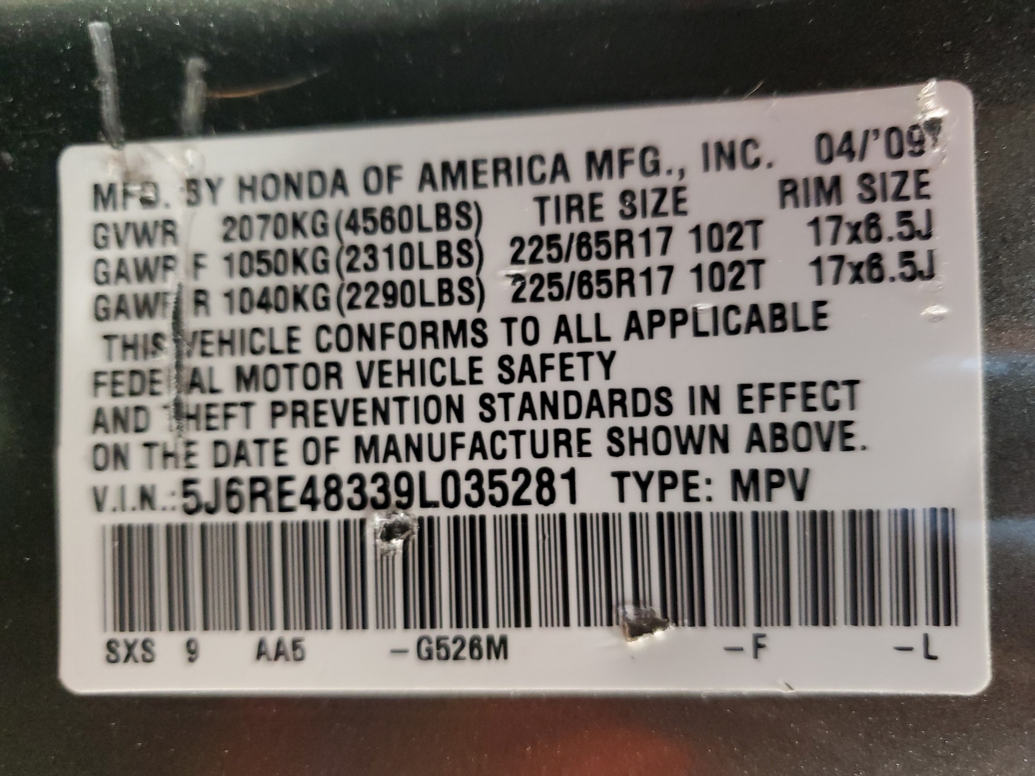 5J6RE48339L035281 2009 Honda Cr-V Lx