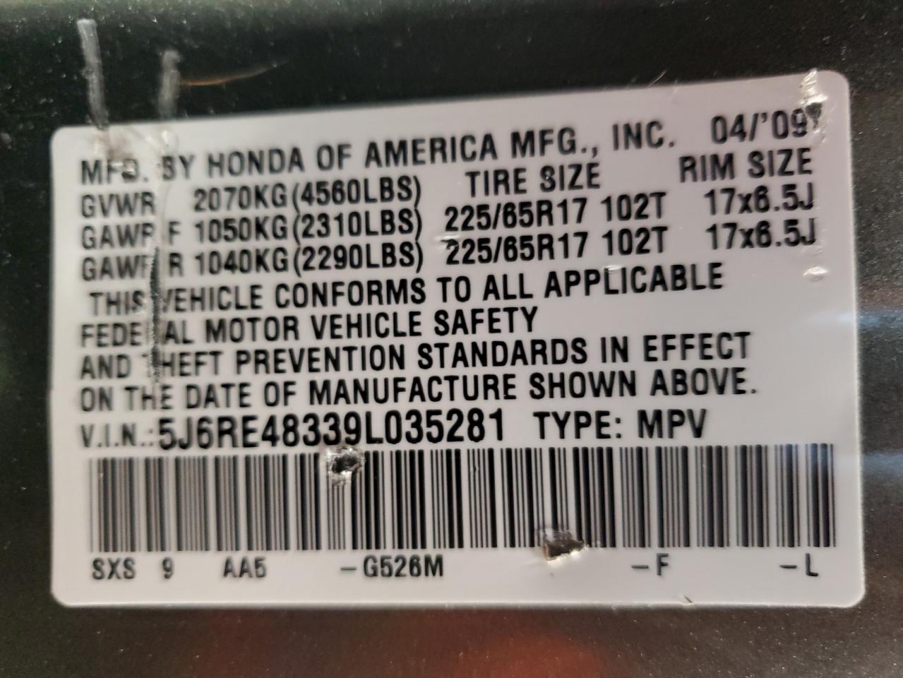 2009 Honda Cr-V Lx VIN: 5J6RE48339L035281 Lot: 66668624