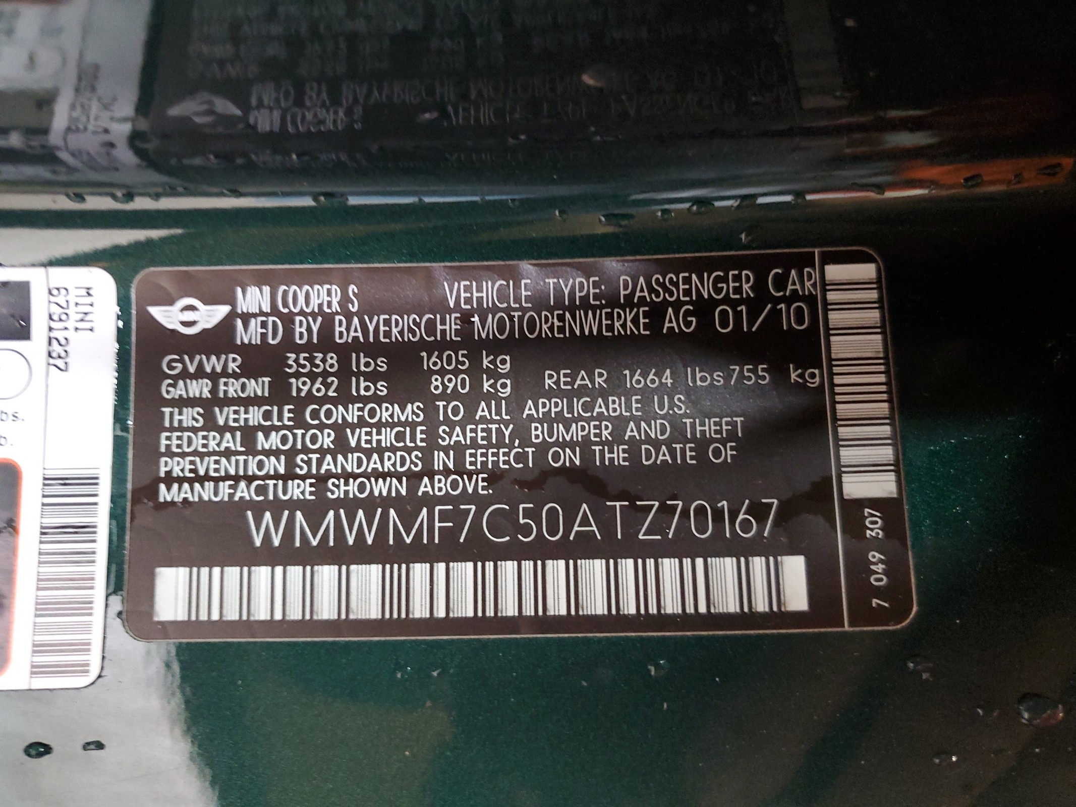 WMWMF7C50ATZ70167 2010 Mini Cooper S