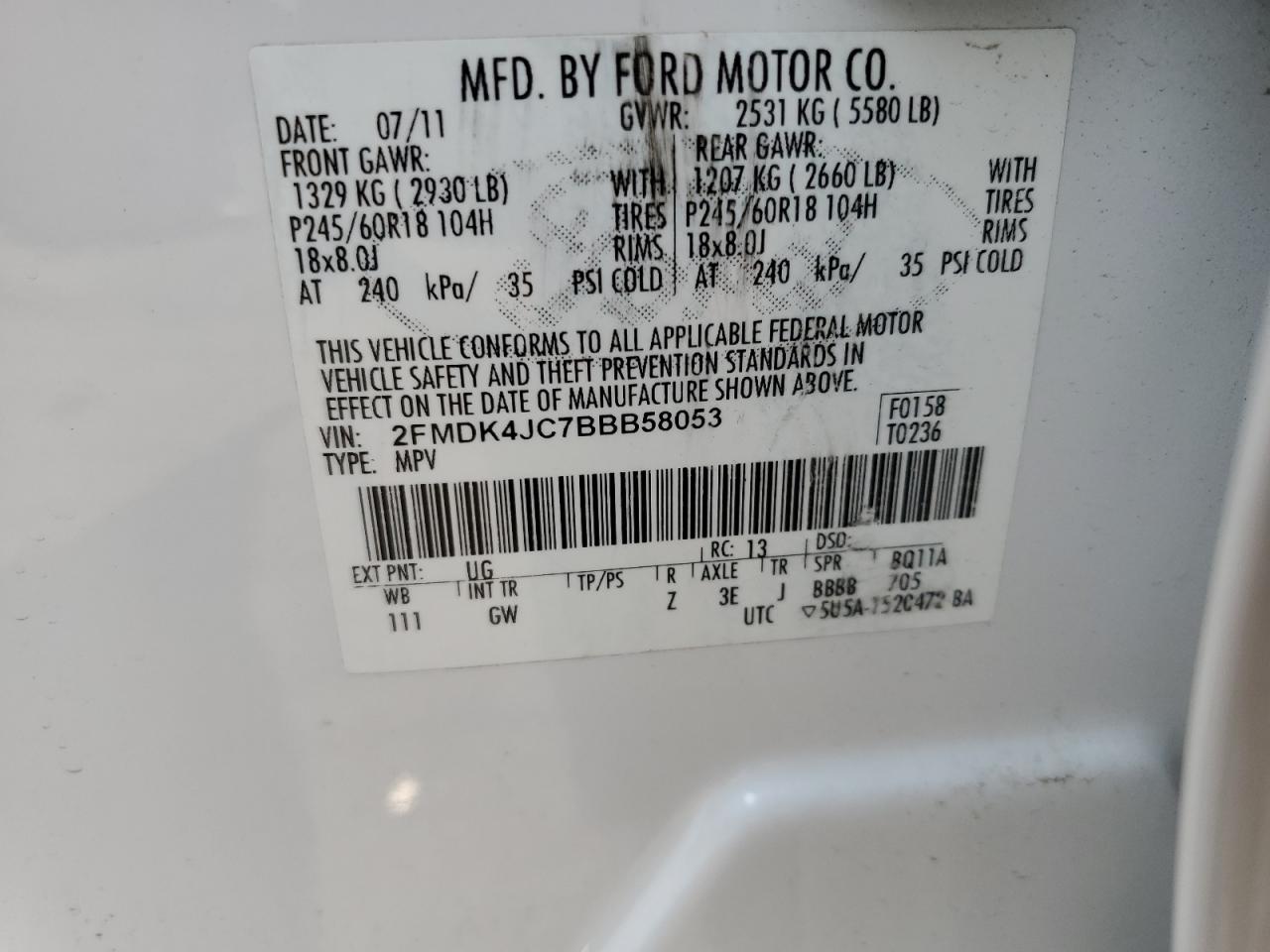 2FMDK4JC7BBB58053 2011 Ford Edge Sel